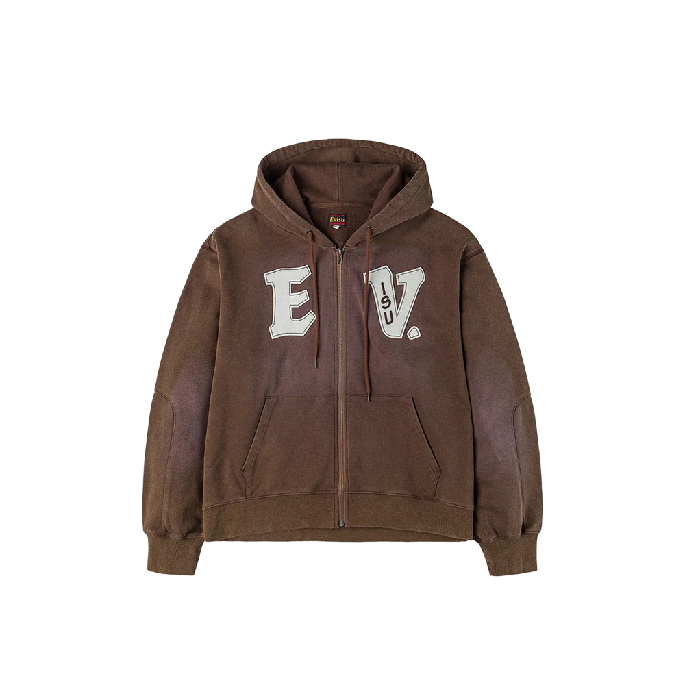 Evisu EV and Seagull Patches Embroidery Hoodie Jacket - Brown