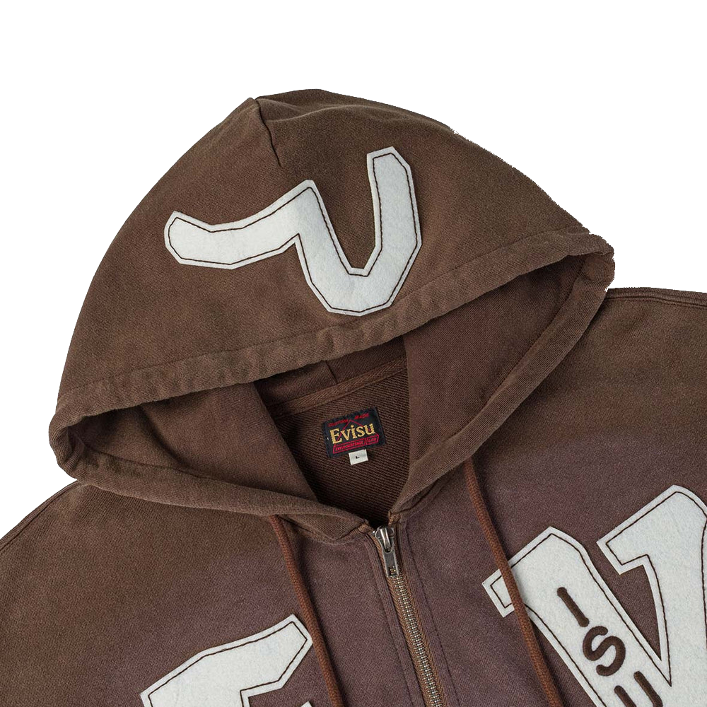 Evisu EV and Seagull Patches Embroidery Hoodie Jacket - Brown