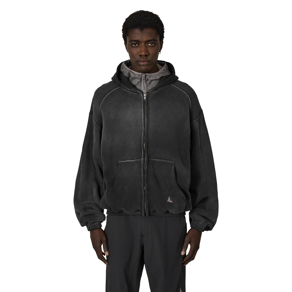 Roa Bee Sun Faded Waffle Zip Up Hoodie - Black