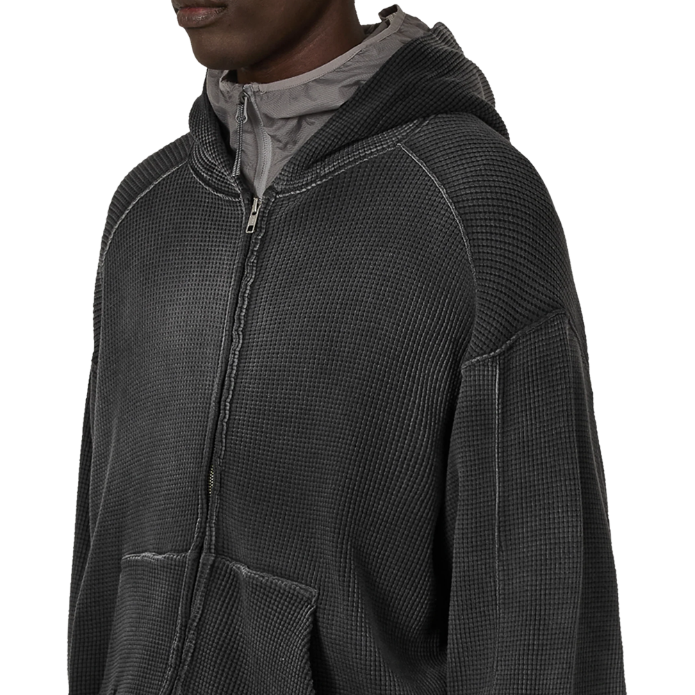 Roa Bee Sun Faded Waffle Zip Up Hoodie - Black